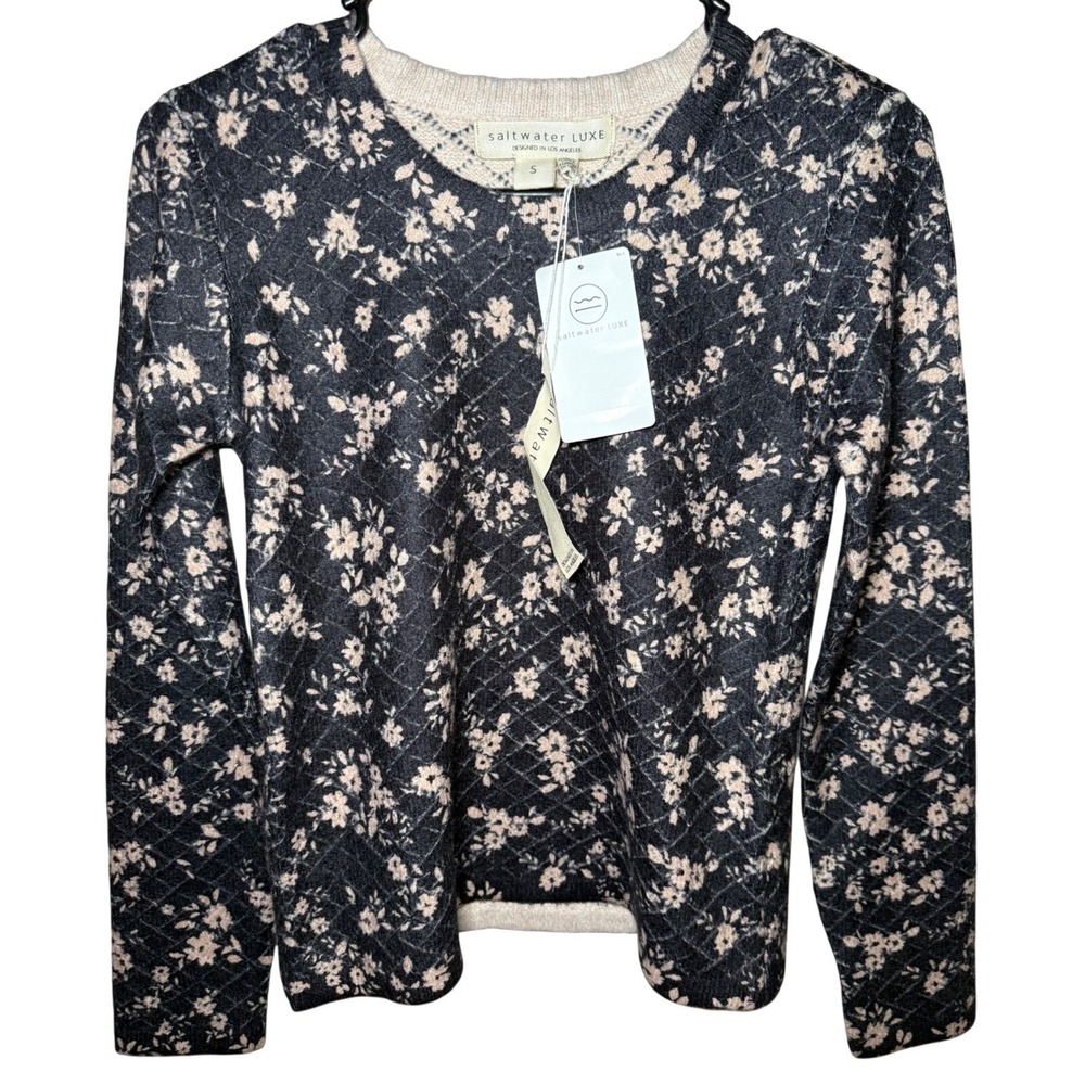 Saltwater Luxe Wool Sweater Women Small Black Floral Quilted Knit Blend NWT